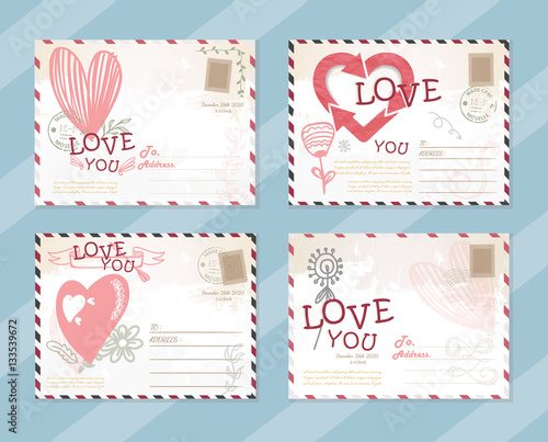 Valentine LOVE postcard card design Vector Template Cute set
