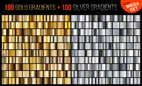 Vector mega set of gold and silver gradients. Golden and silver squares collection. Golden background texture. Mega collection metallic and golden gradient illustration.