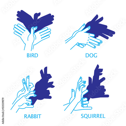 Shadow Hand Puppet Set. Bird, Dog, Rabbit, Squirrel.