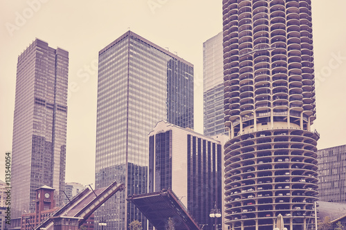 Vintage toned Chicago downtown on a cloudy day, USA.