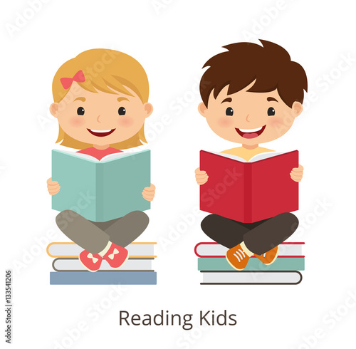 Small kids holding open books and reading