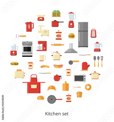 Kitchen appliances and utensils, electrical equipment and tools in circle shape isolated on white background