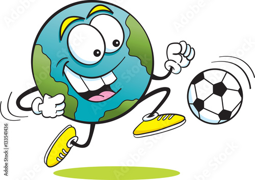 Cartoon illustration of the earth playing soccer.