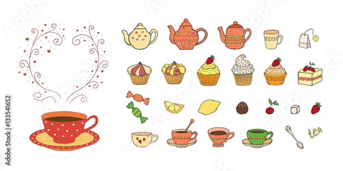 Hand drawn color doodle cartoon illustration set with tea objects and symbols
