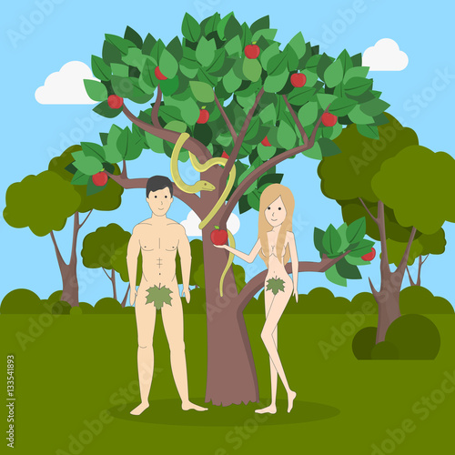 Adam and Eve near the apple tree with snake. Forest landscape. Concept of biblical characters showing sin. Christianity.