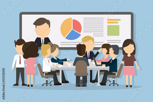 Business conference concept with people communicating and discussing. Big interactive board with video consulting and analytics.