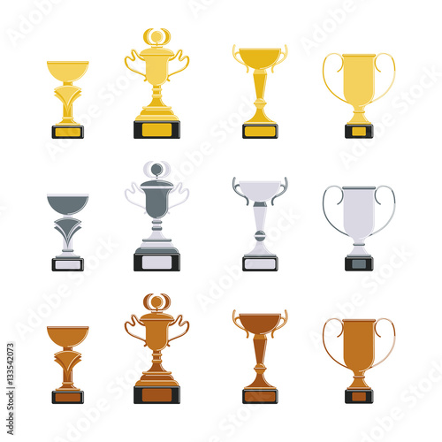 Different cups set on white background. Golden, silver and bronze trophies.