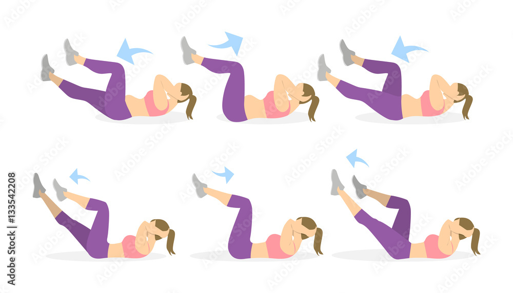 Abs exercise for women on white background. Crossfit and fitness. Crunches. From fat to skinny.