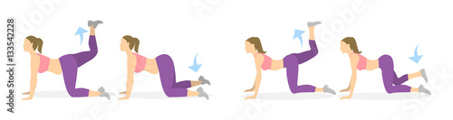 Donkey kicks exercise for legs on white background. Healthy lifestyle. Workout for legs. Exercises for women. From fat to skinny.