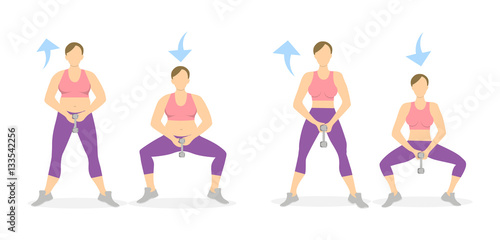 Squats exercise with weights for legs on white background. Healthy lifestyle. Workout for legs. Exercises for women. From fat to skinny.
