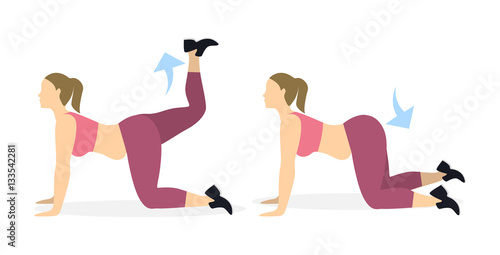 Donkey kicks exercise for legs on white background. Healthy lifestyle. Workout for legs. Exercises for fat women.