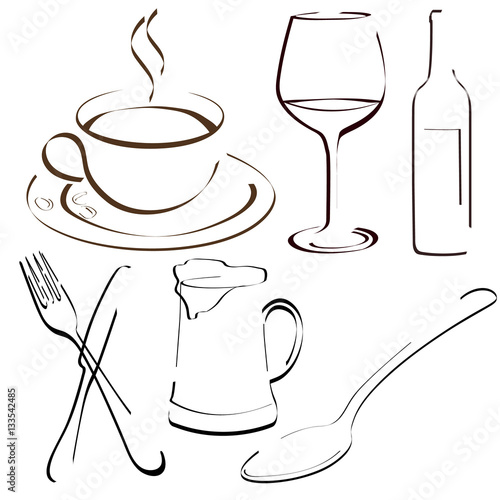 Sketches cup of coffe, wine glass and bottle, fork, knife