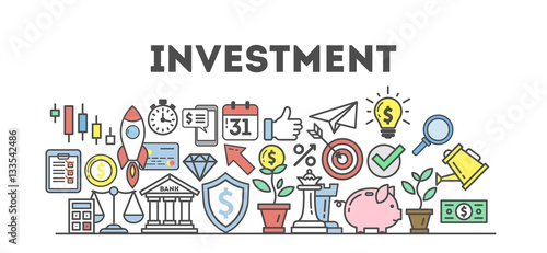 Investment icons set on white background. Colorful creative icons as piggy bank, arrows, gear, money and rocket. All icons in a heap. White background.