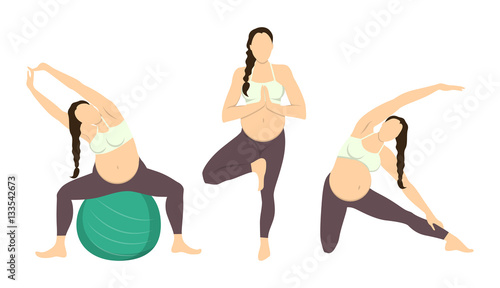 Workout for pregnant set. Exercises with fit ball. Yoga training. Healthcare for young mothers.