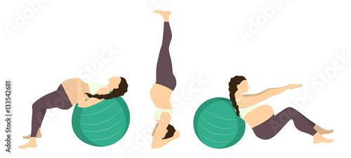 Workout for pregnant set. Exercises with fit ball. Yoga training. Healthcare for young mothers. Hand stand.