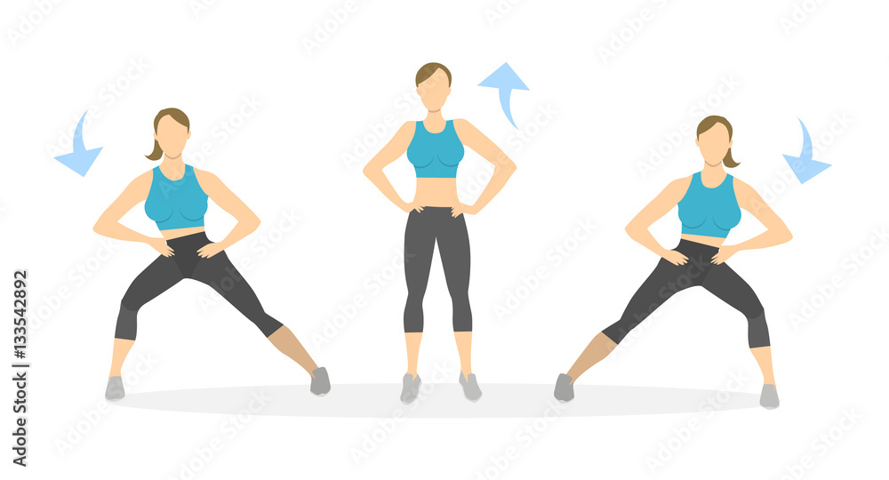 Lunges exercise for legs on white background. Healthy lifestyle. Workout for legs. Exercises for women. SIde lunges.