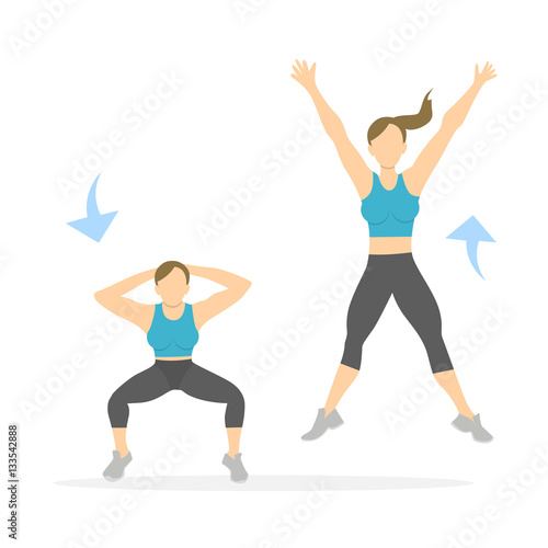 Squats exercise for legs on white background. Healthy lifestyle. Workout for legs. Exercises for women. Jumping squats.