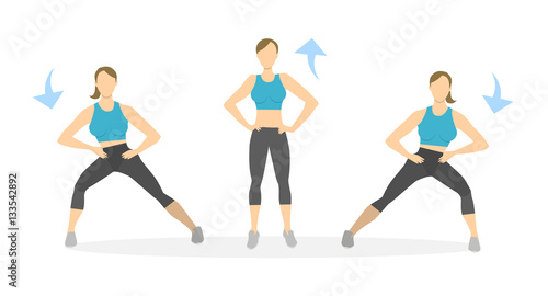 Lunges exercise for legs on white background. Healthy lifestyle. Workout for legs. Exercises for women. SIde lunges.