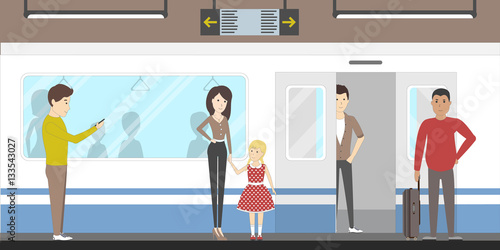 Subway interior set with train, enter and inside the railway. Train awaiting.