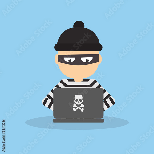 Criminal hacker with laptop. Funny cartoon thief in black mask stealing information from laptop. Concept of fraud, cyber crime.
