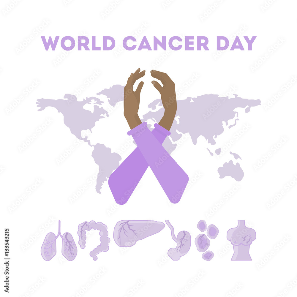 World cancer day. Hands holding and making World cancer day symbol on the world map background. Concept of global issues. World cancer day. Hands holding and making World cancer day symbol on the world map background. Concept of global issues.