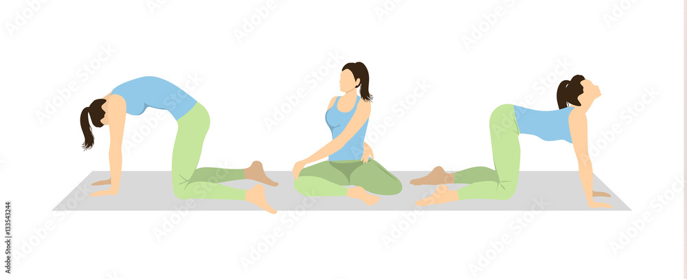Obraz premium Yoga workout set on white background. Different poses and asanas. Healthy lifestyle. Body stretching. Exercises for women.