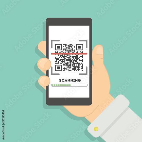 Scanning qr code with smartphone. Mobile scan app for reading information online about place or product.