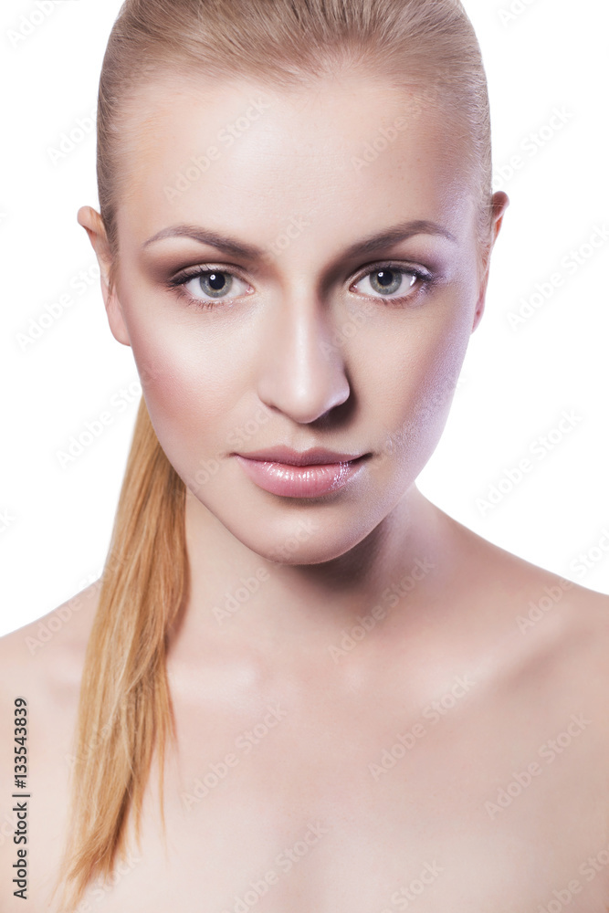 Beauty. Blonde woman with ponytail. Fresh clean skin, neutral ma