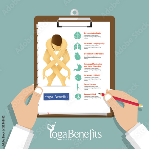Infographic for Yoga Poses and Yoga Benefits in flat design with set of organ icons, Clipboard in doctor hand. Medical and health care report. Vector Illustration.