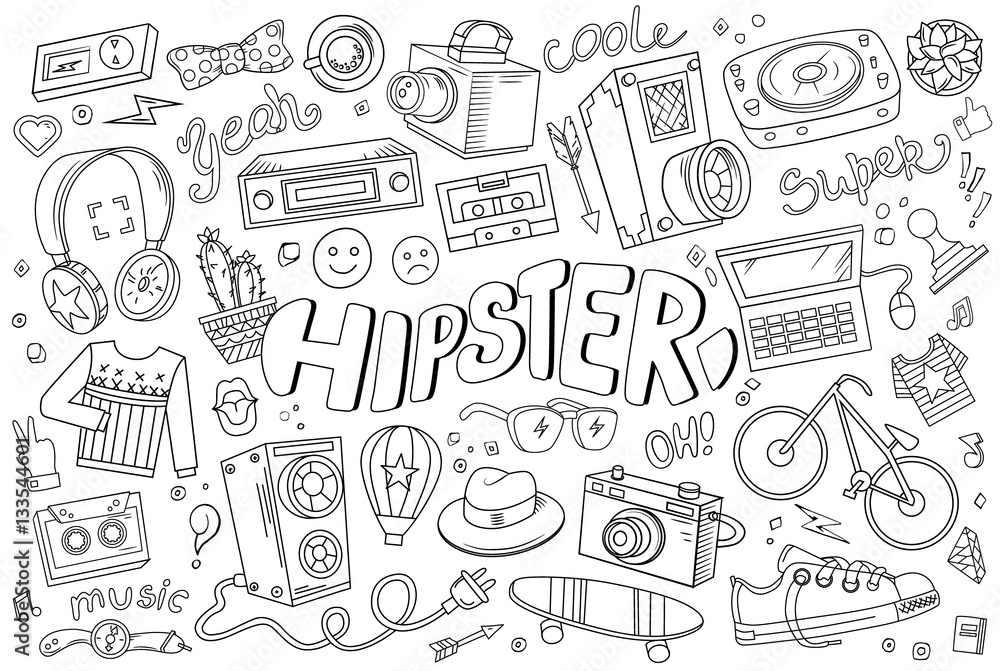 Hipster vector abstract illustration in cartoon style. Comics hand drawn elements and icons. Templates hipster elements for your design or background.