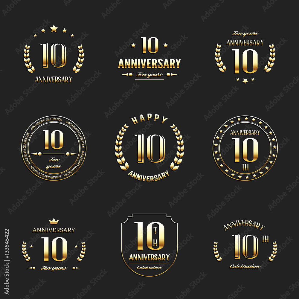 Ten years anniversary celebration logotype. 10th anniversary gold logo set.