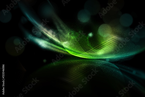 Green light wave mesh with splashing color dust abstract background.