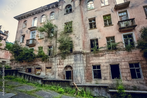 Abandoned mining ghost-town Jantuha  Abkhazia. Destroyed empty houses 