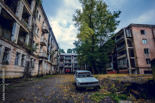 Abandoned mining ghost-town Jantuha, Abkhazia. Destroyed empty houses 