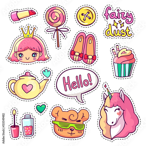 Colorful vector patch badges with animals, characters and things. Hand-drawn stickers, pins in cartoon 80s-90s comics style. Set with cute unicorn, princess, candy, etc.