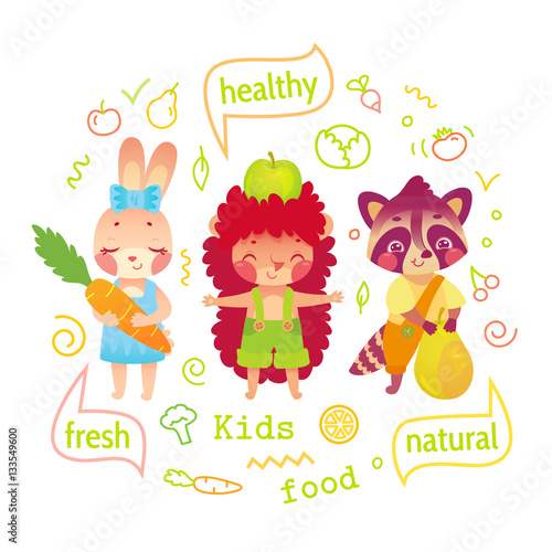 Cartoon forest animals with fruits and vegetables. Vector illustration of healthy and vegetarian food for kids. Cute bunny girl holding carrot  hedgehog with apple and raccoon with pear.