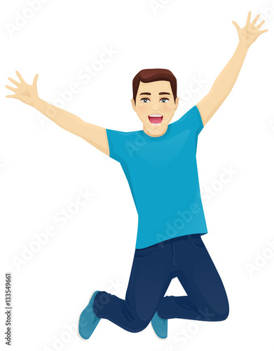 Happy surprised man in jeans jumping isolated
