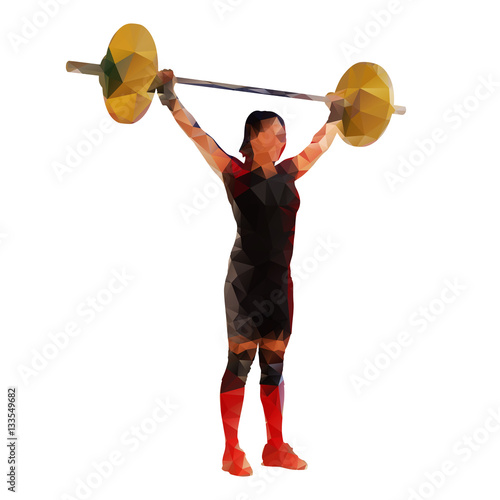 Polygonal woman with heavy barbell, weight-lifting abstract geom