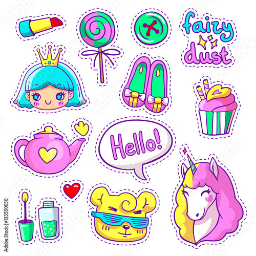 Neon vector patch badges with animals, characters and things. Hand-drawn stickers, pins in cartoon 80s-90s comics style. Set with cute unicorn, princess, candy, etc.