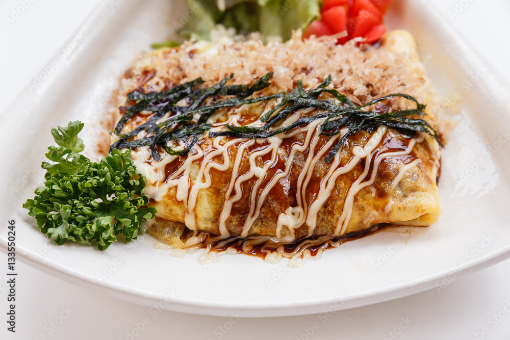 Japanese Omelette with Okonomiyaki Sauce Topping with Katsuobushi