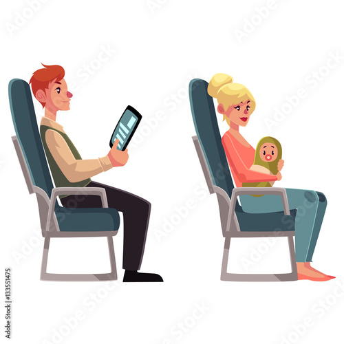 Airplane passengers - young woman with little baby and man reading from tablet, cartoon vector illustration on white background. Airplane seats occupied by man with tablet and woman holding baby