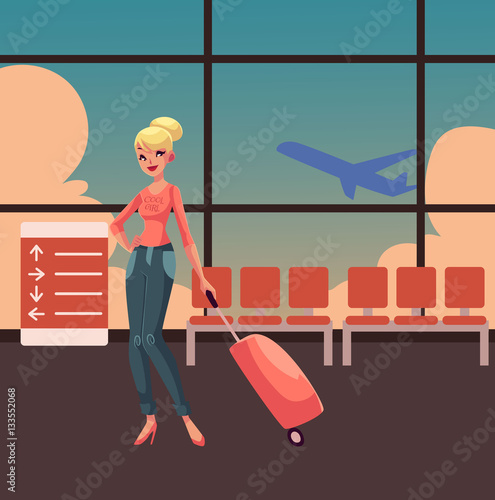 Pretty blond woman in jeans and heels travelling with suitcase in airport terminal interior with a view of airplane. Full length portrait of beautiful blond girl, woman traveler with luggage, suitcase