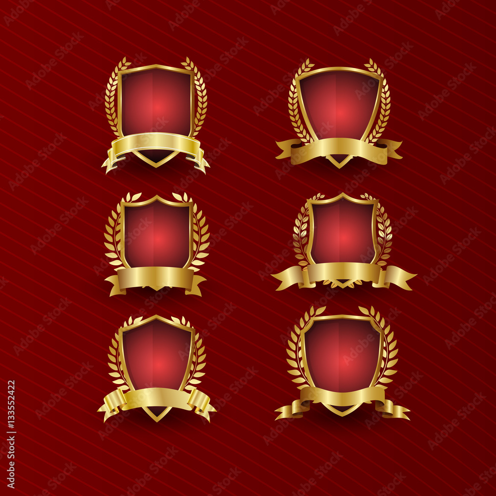 Gold and red shield collection, realistic vector set Gold and red shield collection, realistic vector set