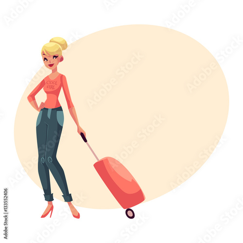 Pretty blond woman in jeans and heels travelling with suitcase, cartoon on background with place for text. Full length portrait of beautiful blond girl, woman traveler with luggage, suitcase