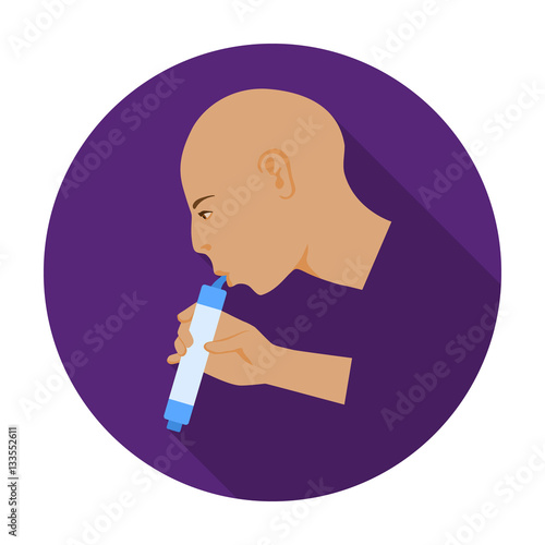 Man drink through compact filter icon in flat style isolated on white background. Water filtration system symbol stock vector illustration.