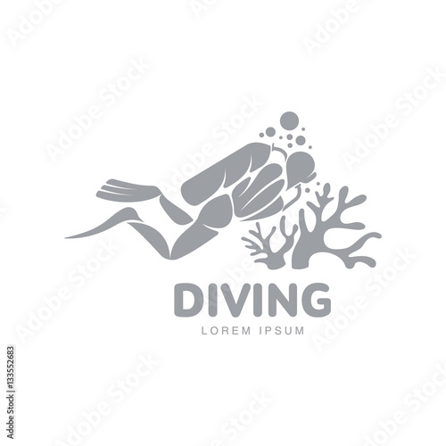 Black and white graphic diving logo template with diver swimming underwater, vector illustration isolated on white background. Scuba diving, snorkeling logotype, logo design with stylized diver