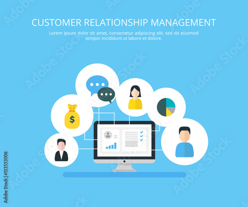 Organization of data on work with clients, CRM concept. Customer Relationship Management vector illustration.