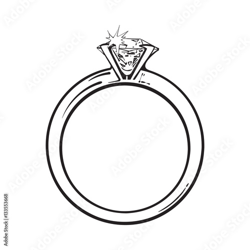 Golden engagement ring with a big shining diamond, sketch style illustration isolated on white background. Realistic hand drawing of traditional marriage, engagement ring with a diamond