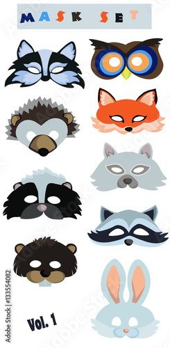 Animals mask collection. Wolf, owl, fox, bear, raccoon, beaver, hare, hedgehog masks. Vector illustration.