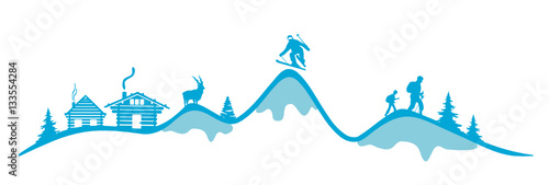 Skifahrer mit Bergsilhouette